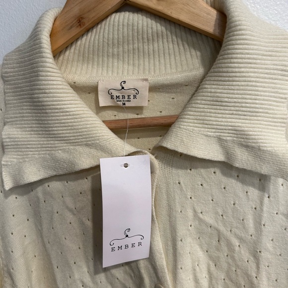 NWT Ember wide collar puff sleeve button down cream cardigan M - Picture 3 of 9
